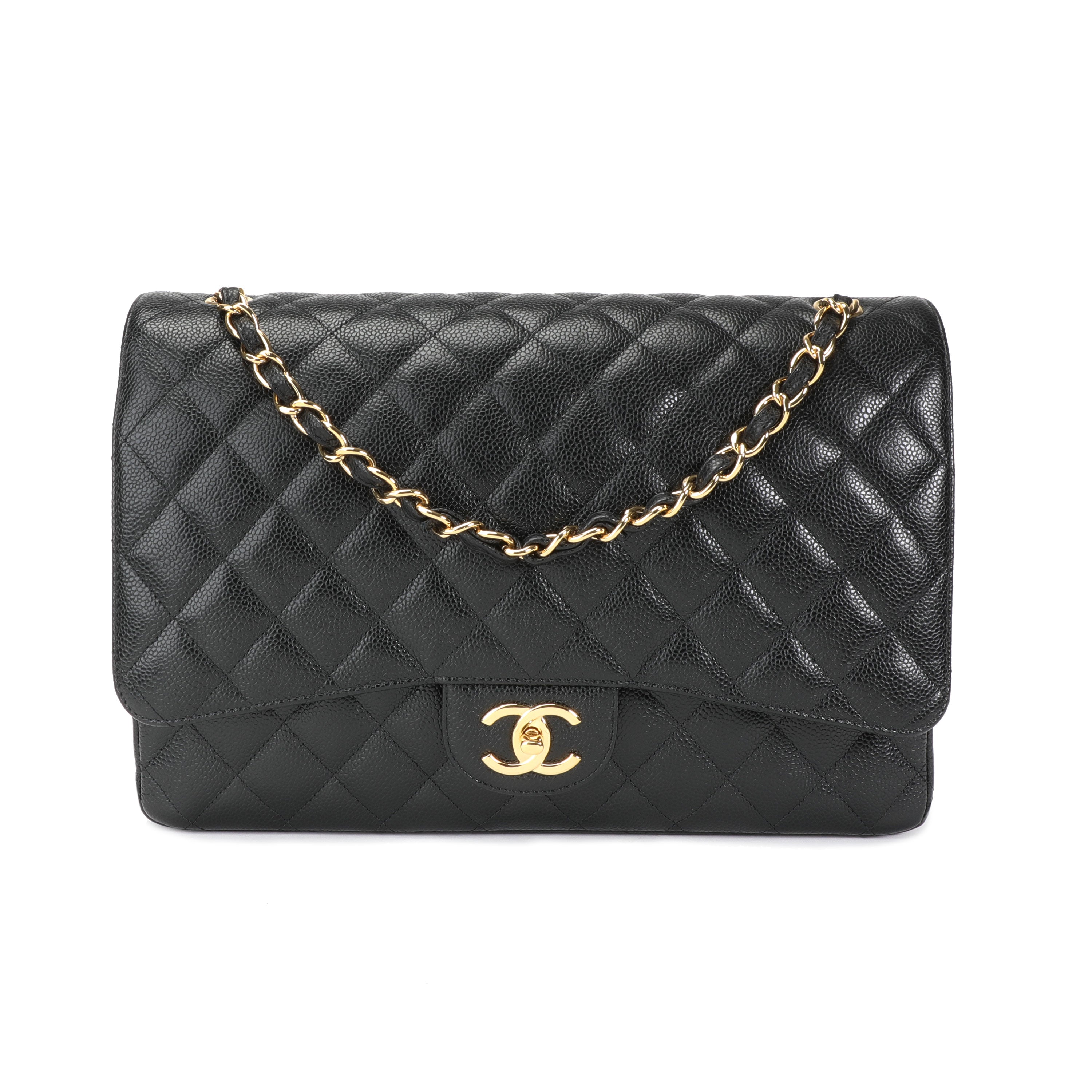 chanel black quilted caviar leather classic maxi double flap bag