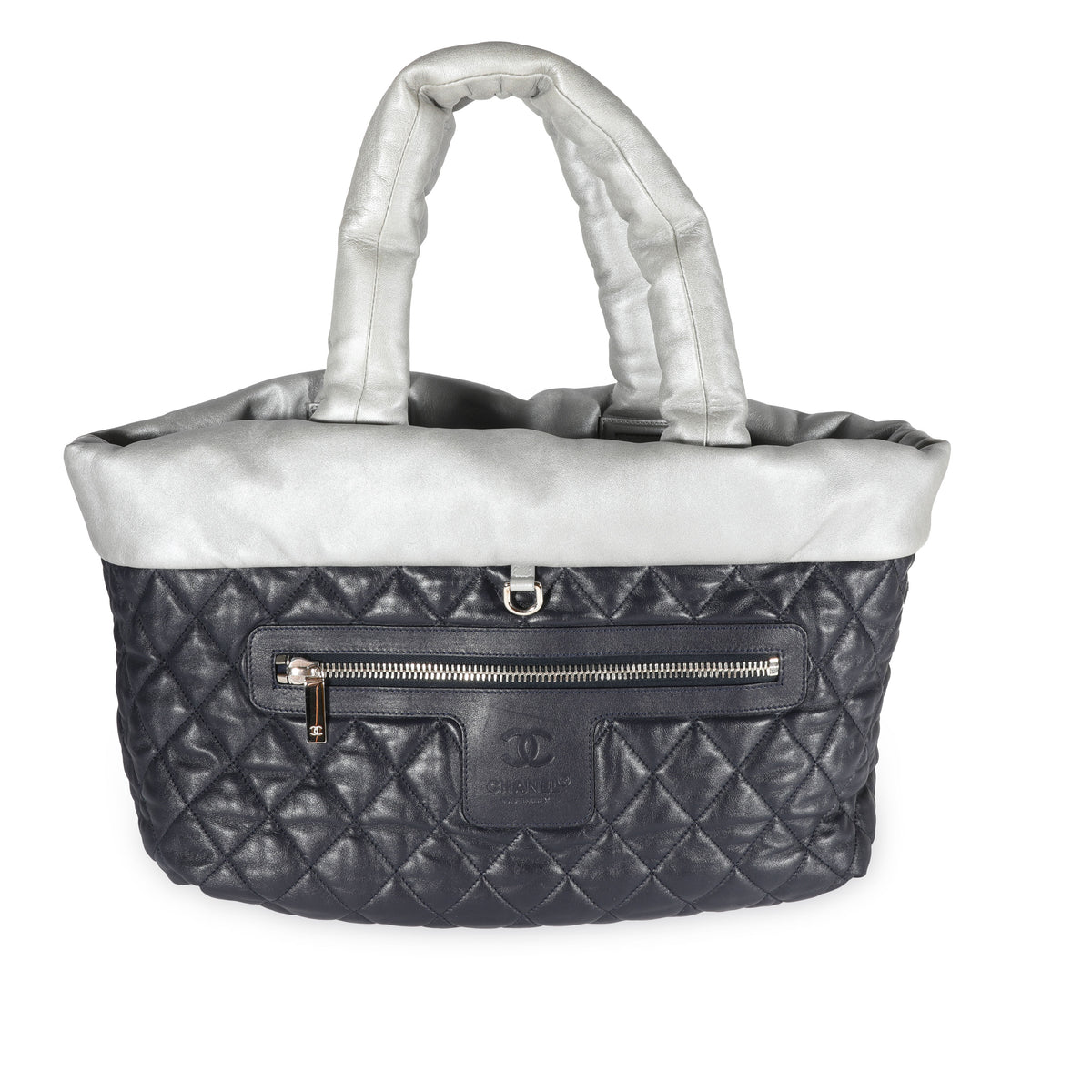 Chanel Silver & Navy Quilted Leather Coco Cocoon Reversible Tote | myGemma  | Item #111810