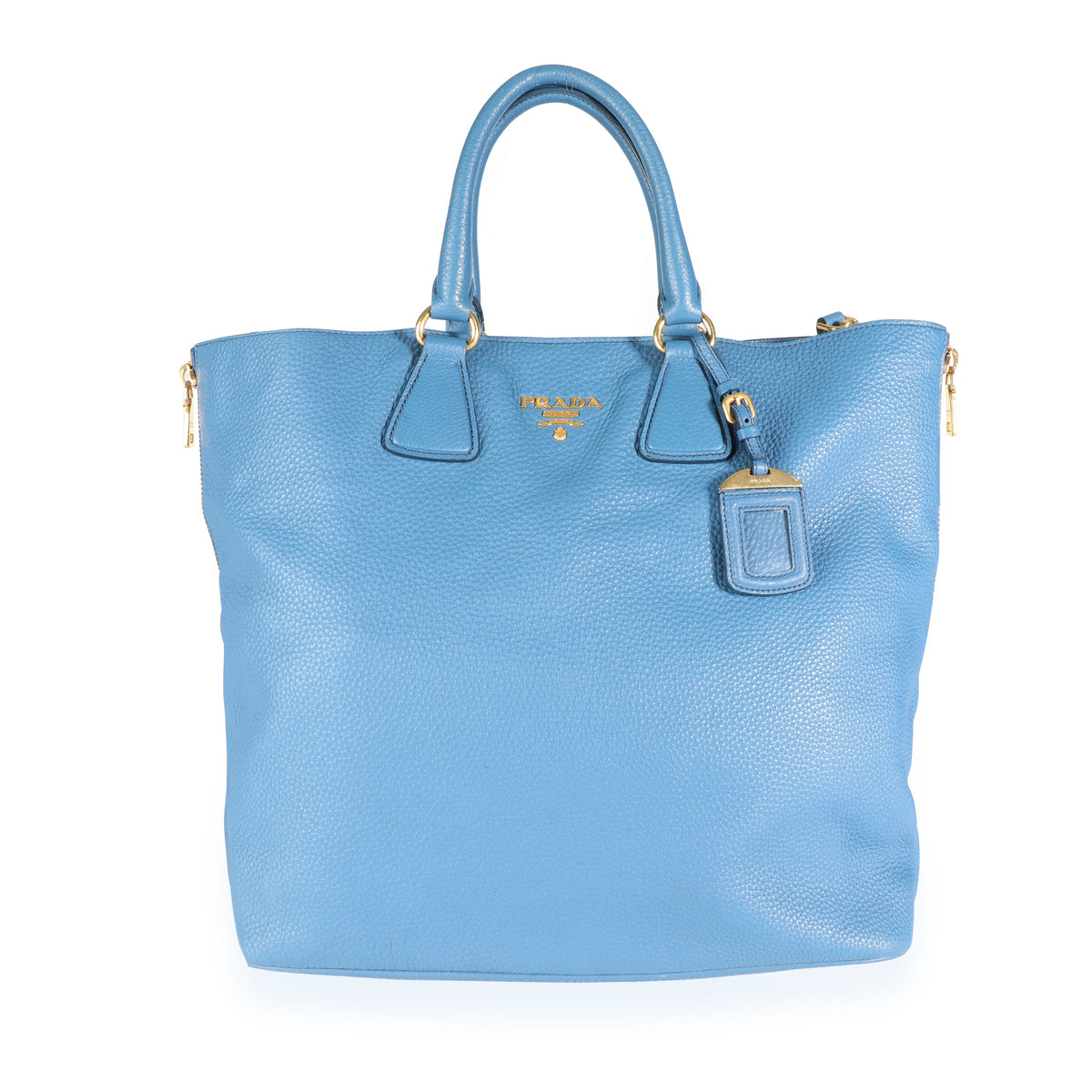 Prada Blue Vitello Daino Calfskin Leather Large Side Zip Convertible Tote |  myGemma | Item #111815