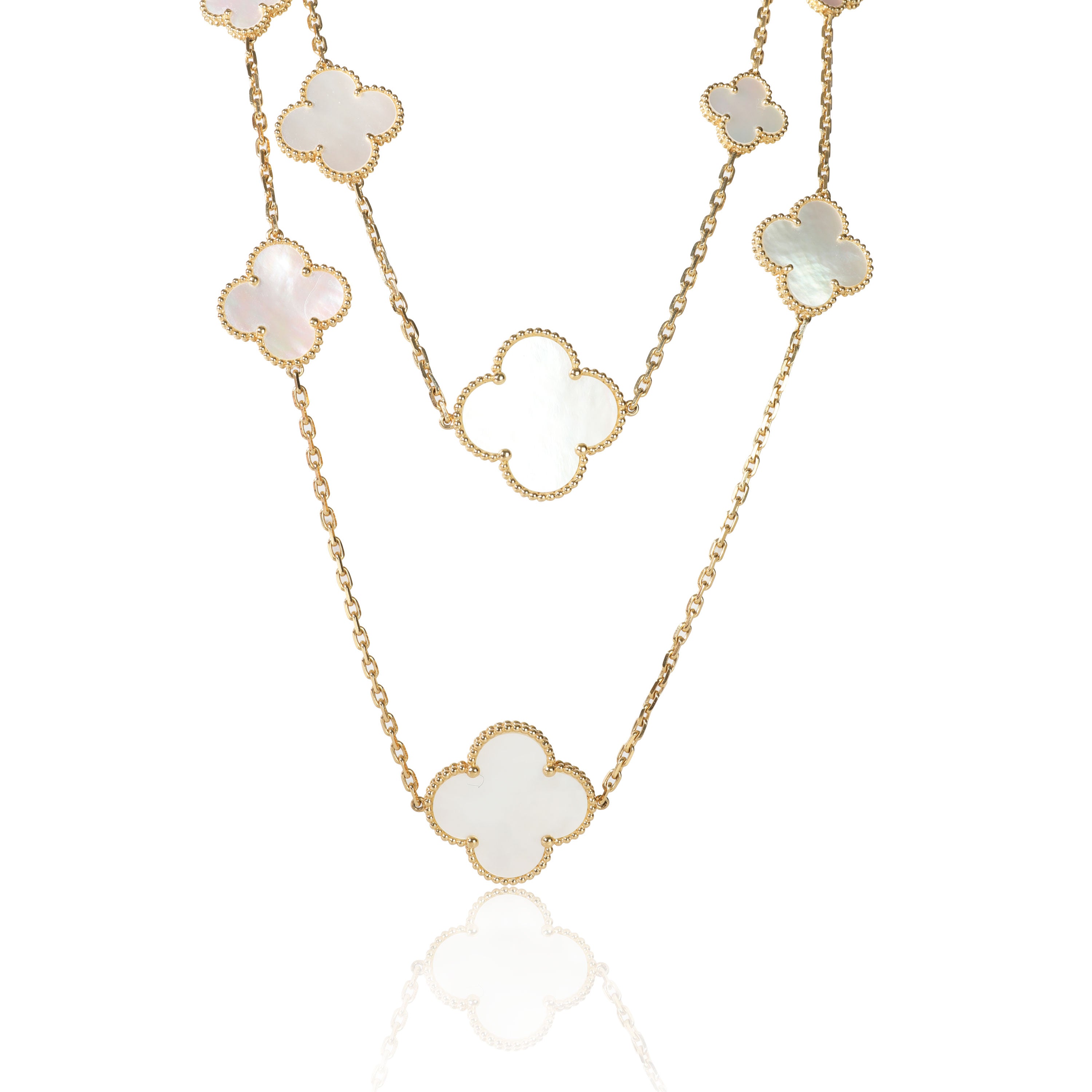 Magic Alhambra long necklace, 16 motifs 18K yellow gold, Mother-of-pearl- Van  Cleef & Arpels