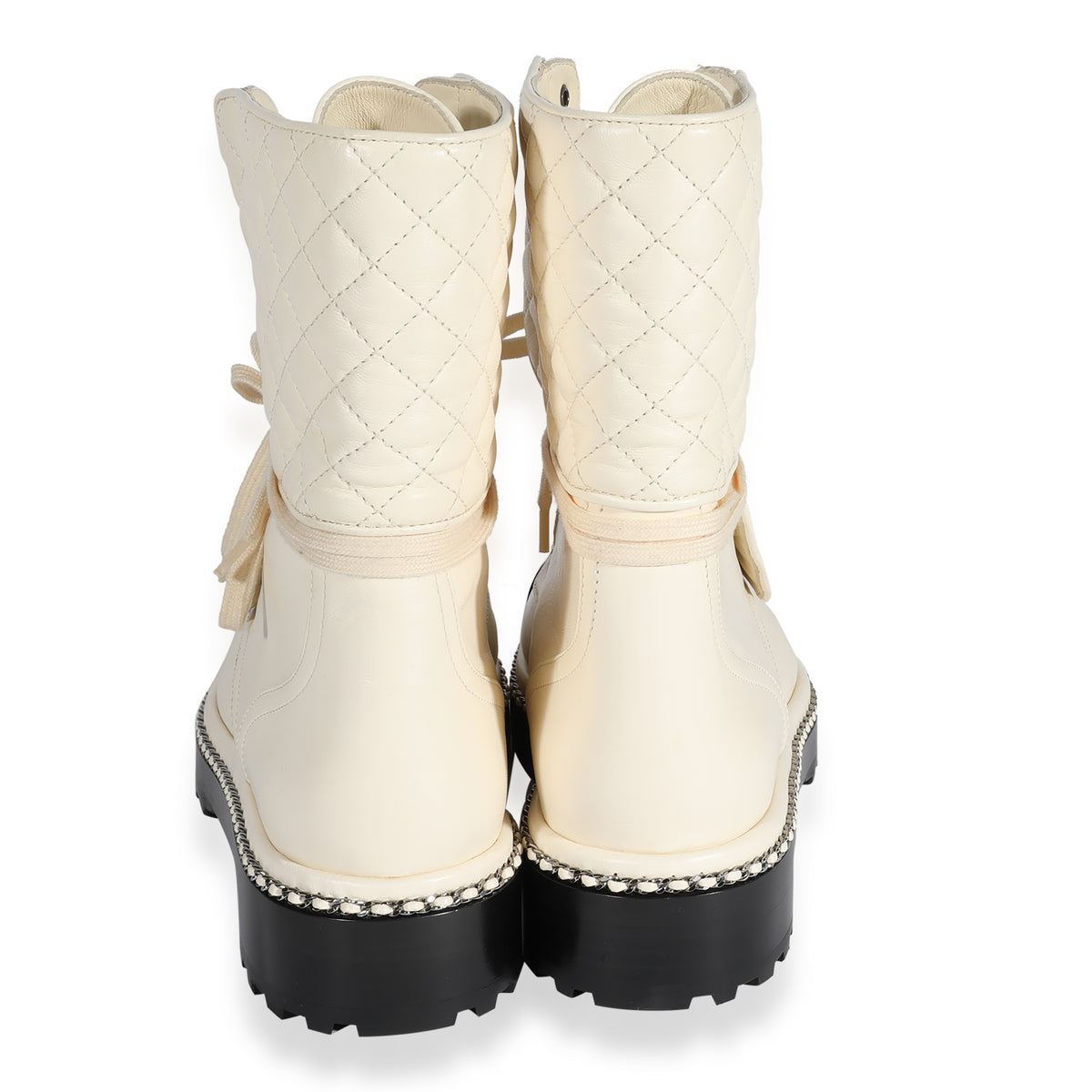 CHANEL Lambskin Pearl Chain CC Combat Boots 37 Ivory Black | myGemma | Item  #122686