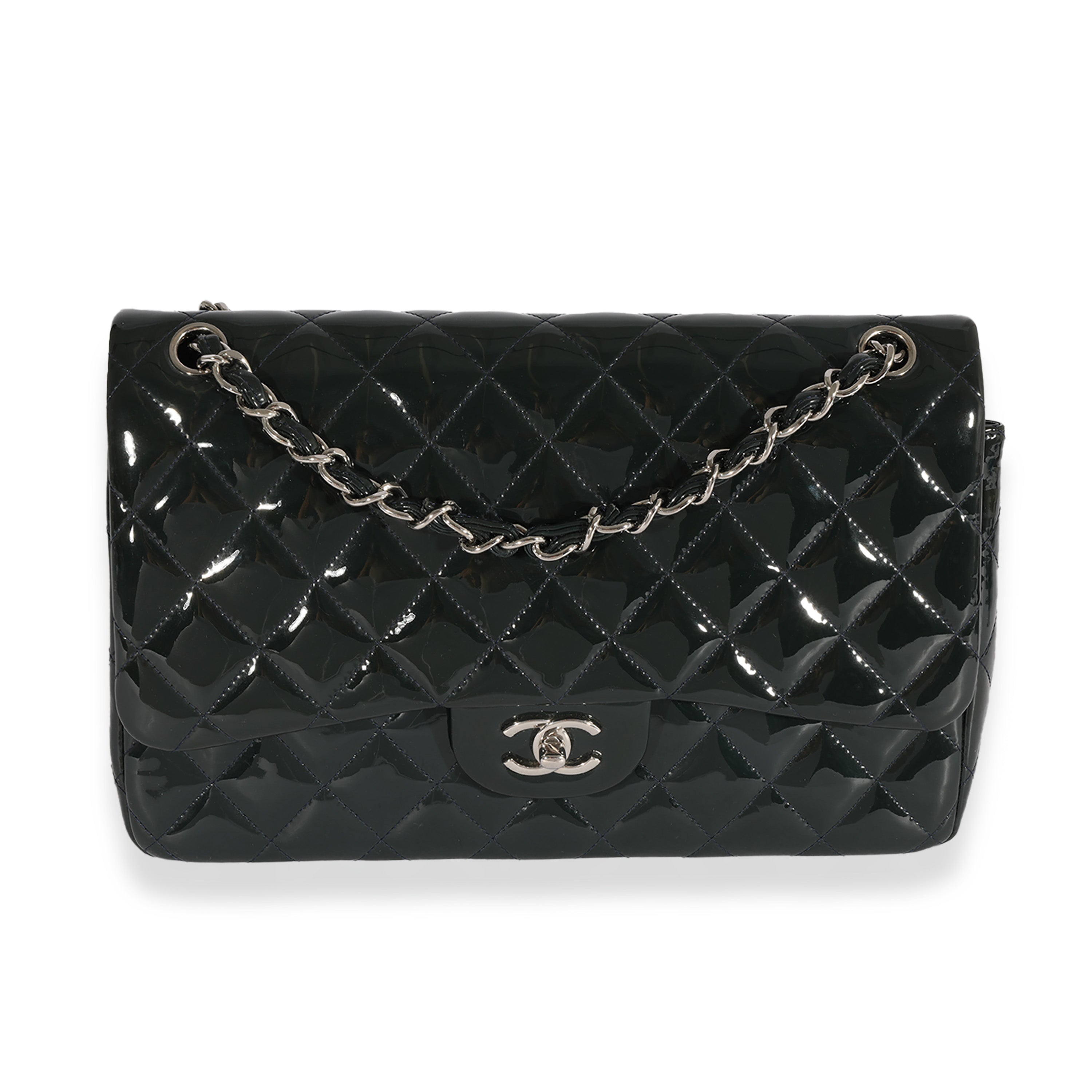 Chanel Navy Quilted Patent Leather Classic Jumbo Double Flap