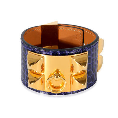 Hermes Bleu Saphir Swift Leather Gold Plated Mini Rivale Bracelet Size Xs
