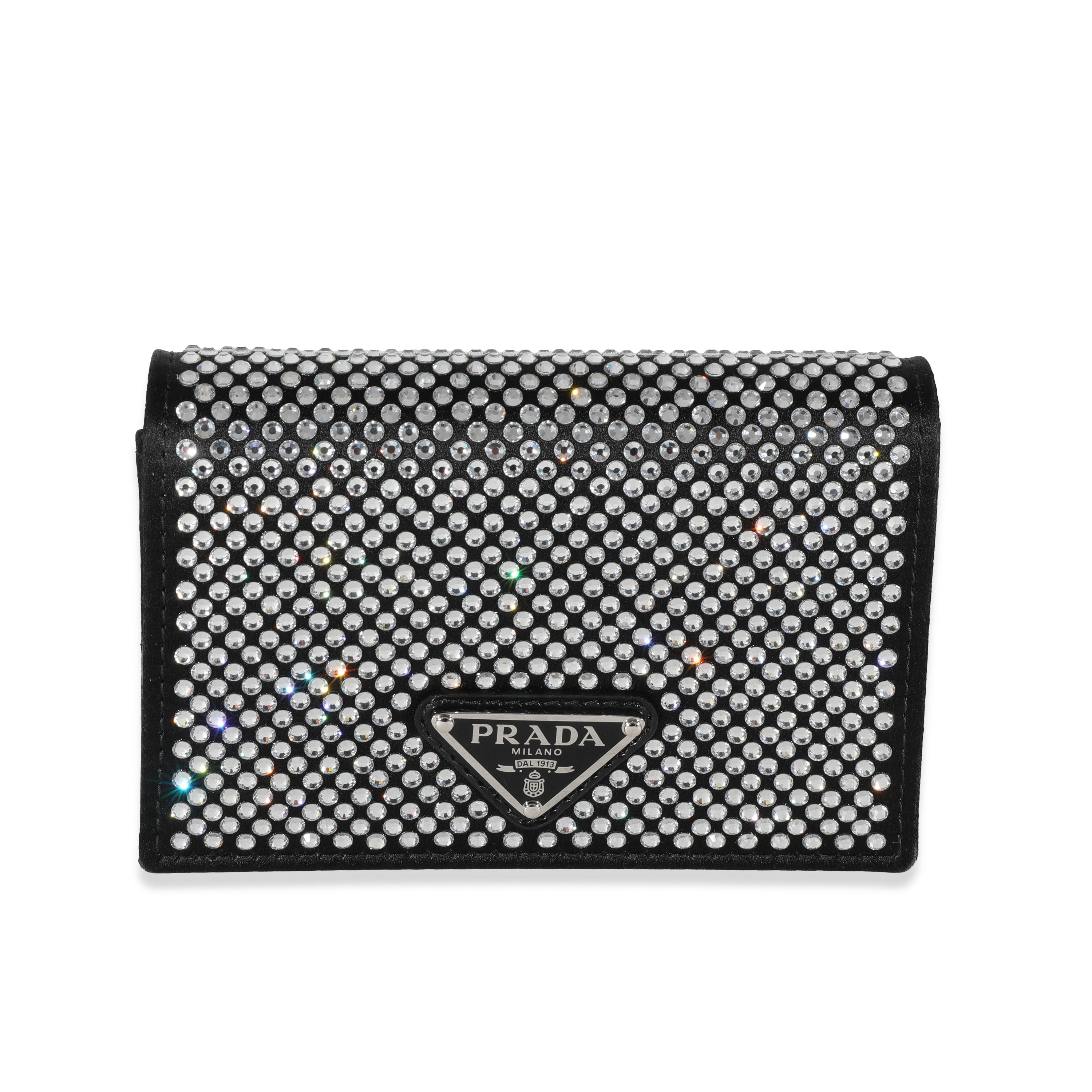 Prada Women Crystal-Studded Card Holder with Shoulder Strap-Black