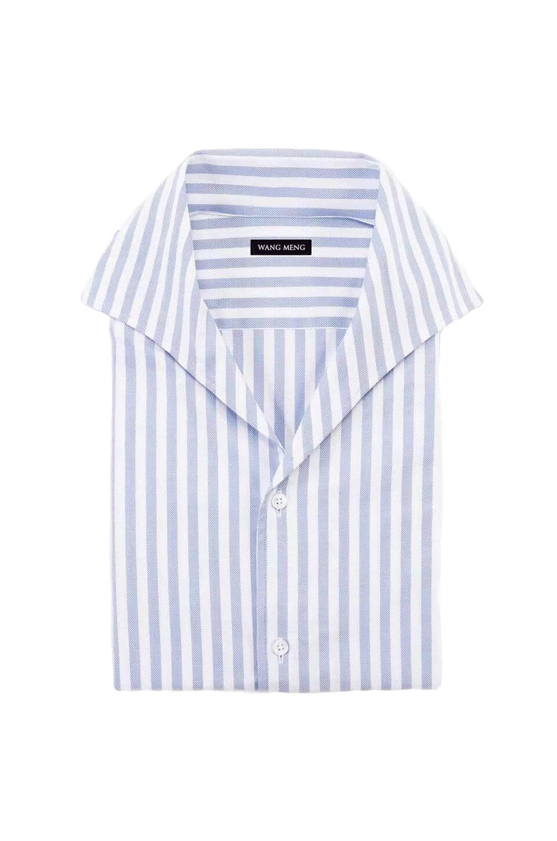 Blue striped one piece collar cotton shirt. Shop designer men's luxe leisure shirts, smart casual shirts, formal shirts online at WANG MENG.