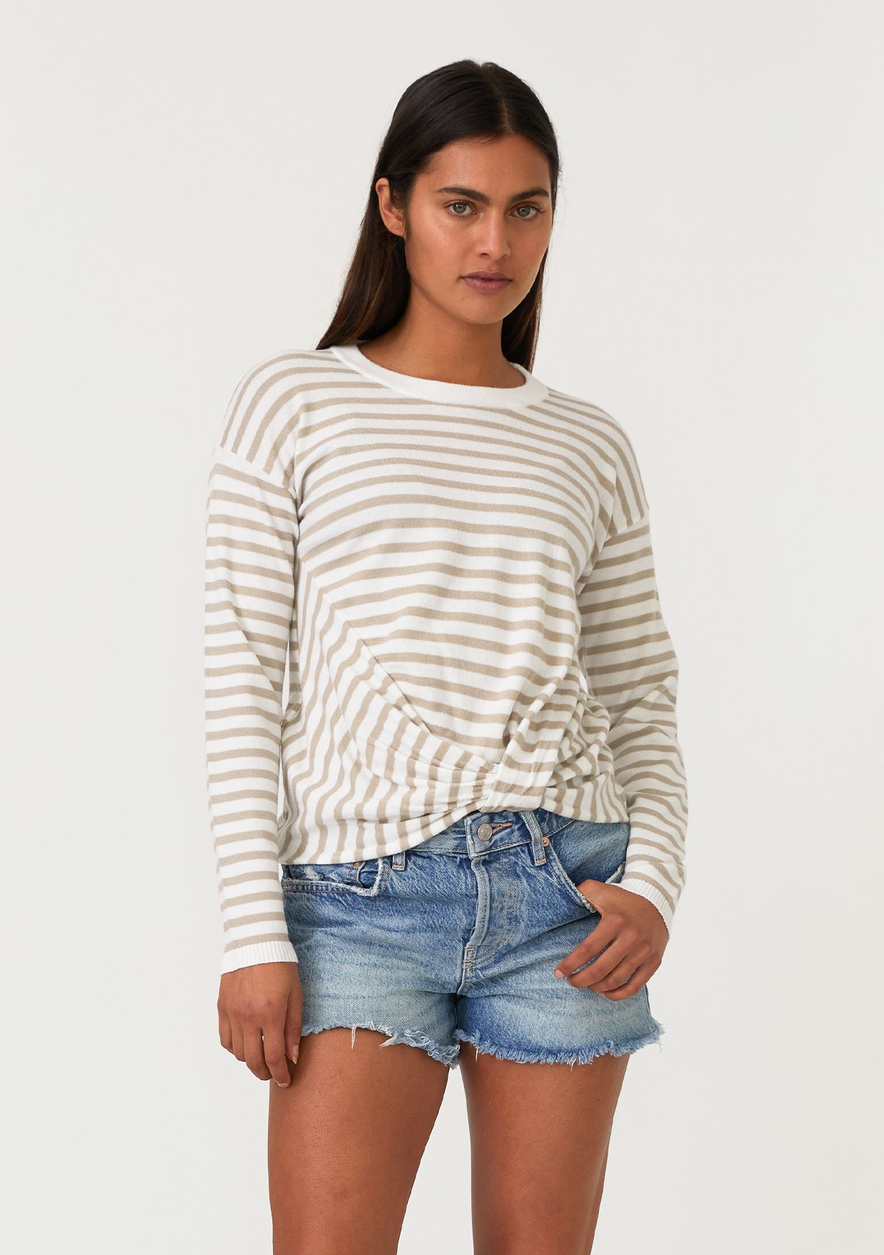 Horizontal Stripe Front Knot Pullover Sweater