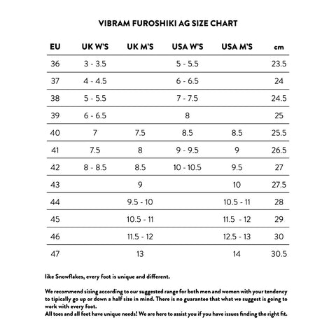 Vibram Furoshiki size Chart