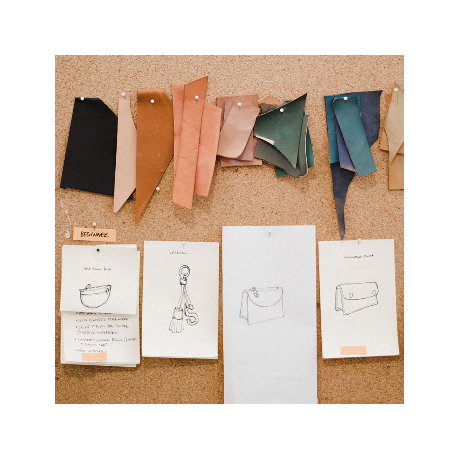 simétrie kangaroo leather swatches and bag sketches