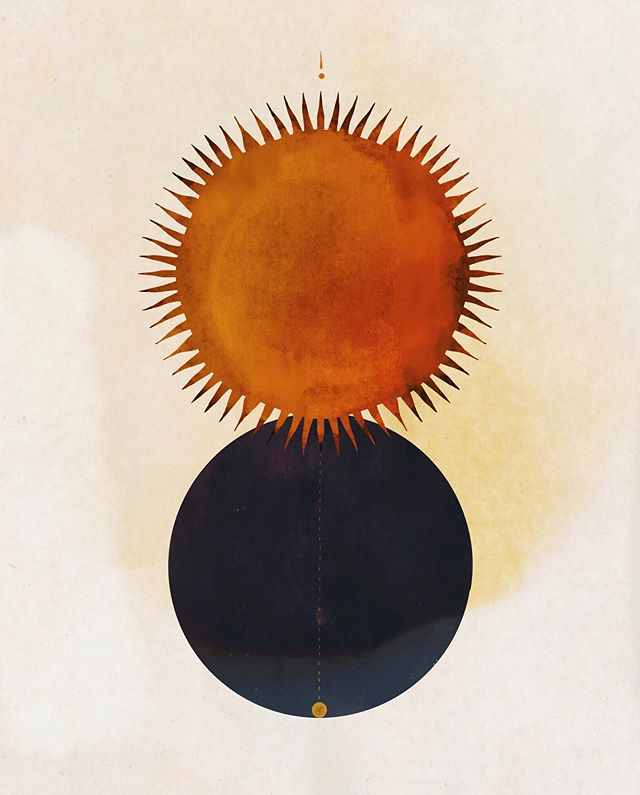 an original artwork of an orange sun and a black moon by Delta Venus