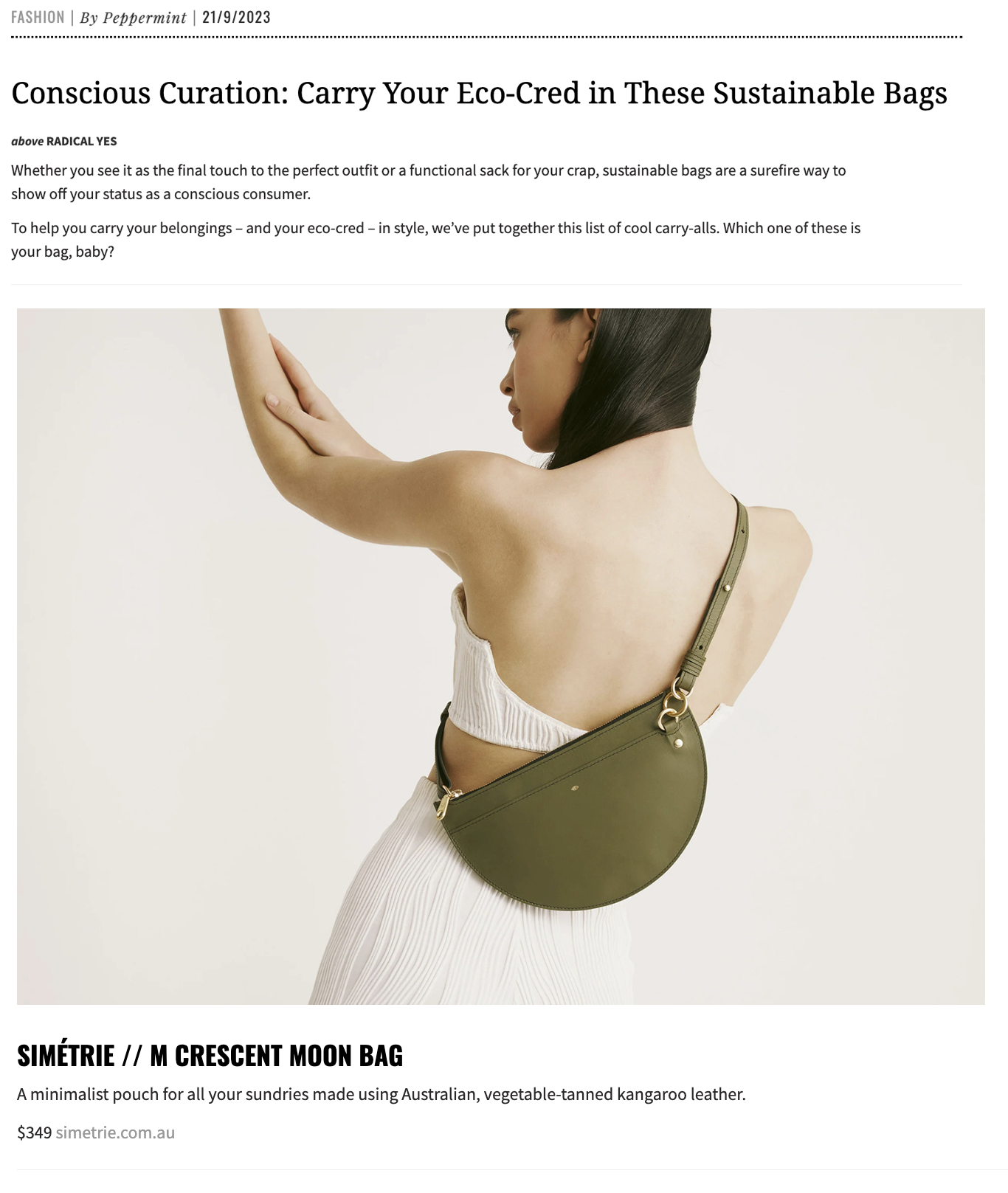 A clip out of a press article from Peppermint Magazine. Titled: Conscious Curation - Carry Your Eco-Cred in these Sustainable Bags.