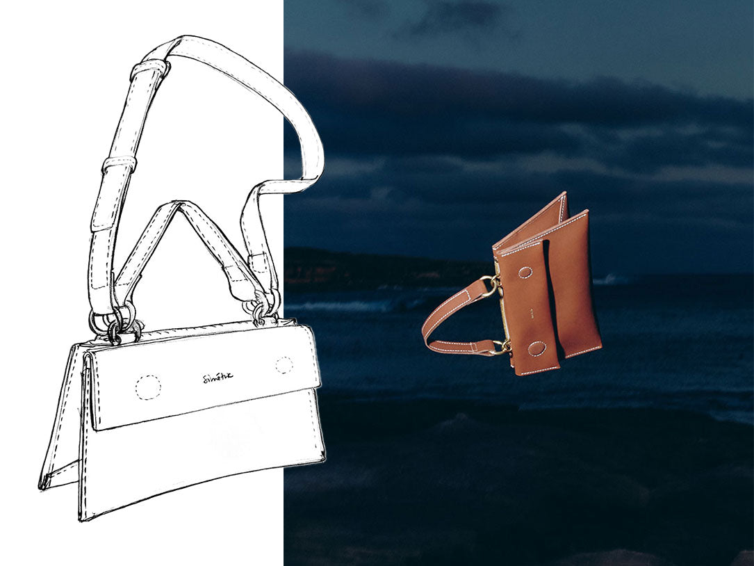 a black and white pencil sketch of the petit bay bag, next to a photographic image of the petit bay bag in red rock bovine leather