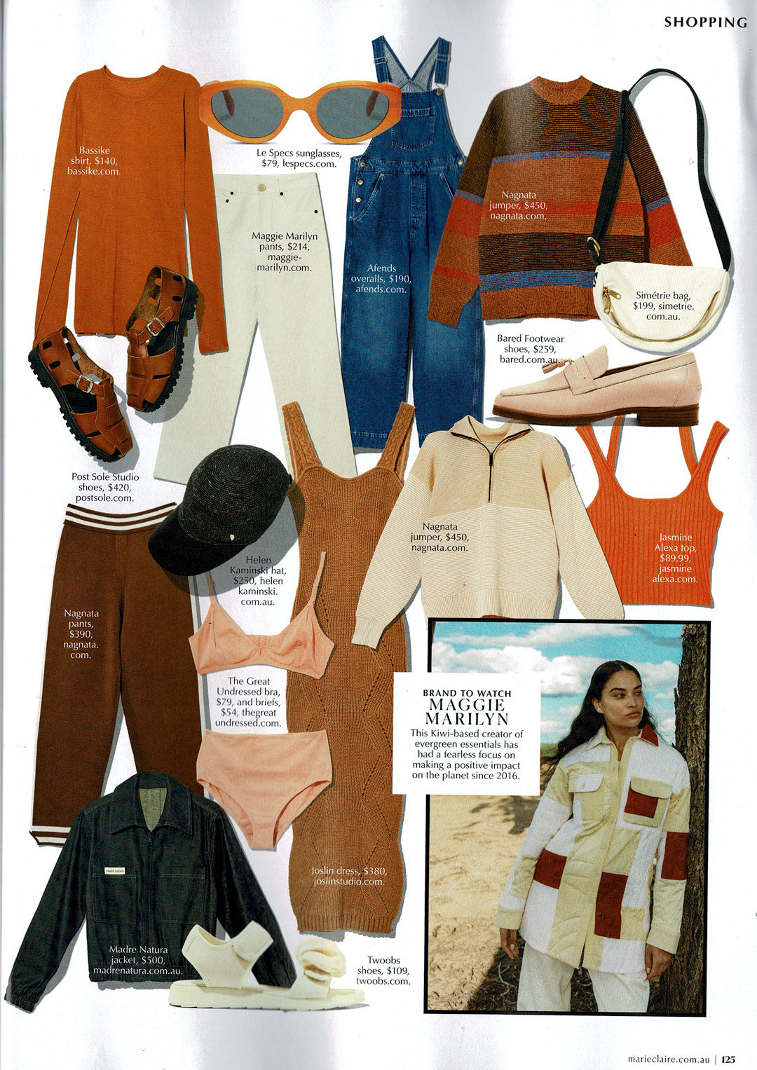 Shop page in Marie Claire, May 2022 issue. This page showcases a sustainable edit of fashion brands including Maggie Marilyn, Nagnata, Bassike and Simétrie.