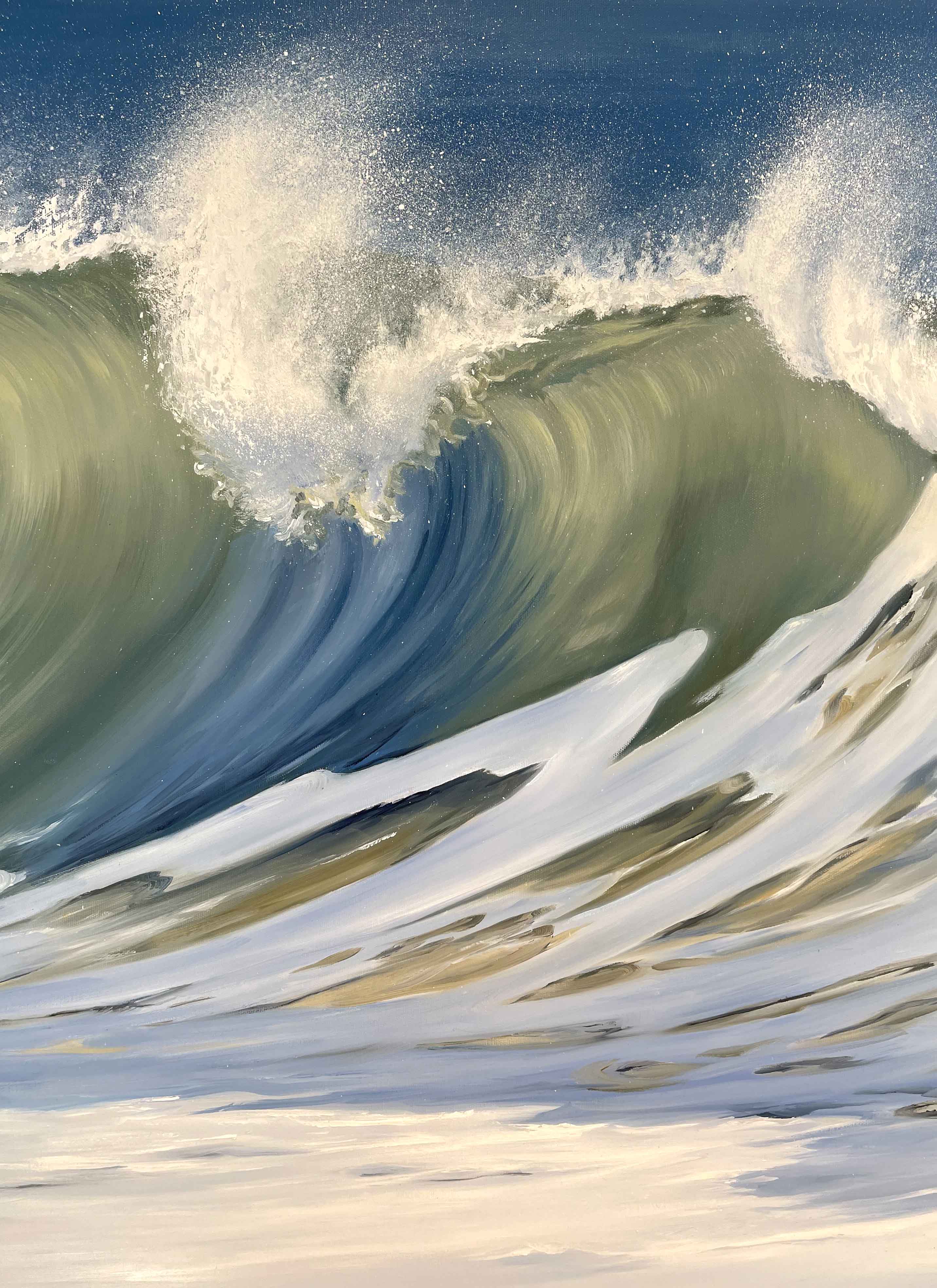 Close-up painted waves green and blue Original Oil Painting