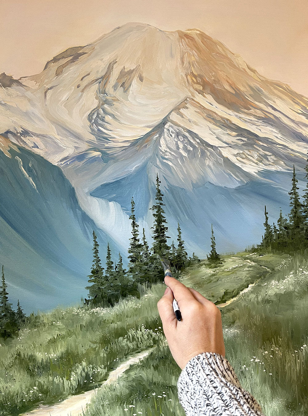 Mt. Rainier Art, Oil on Canvas Painting, Faded Sunset