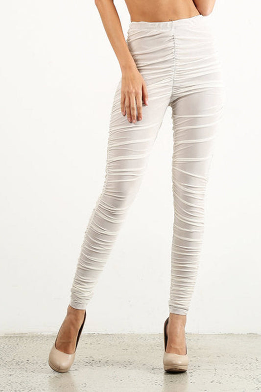 White Ruched Legging-Mesh+Lining