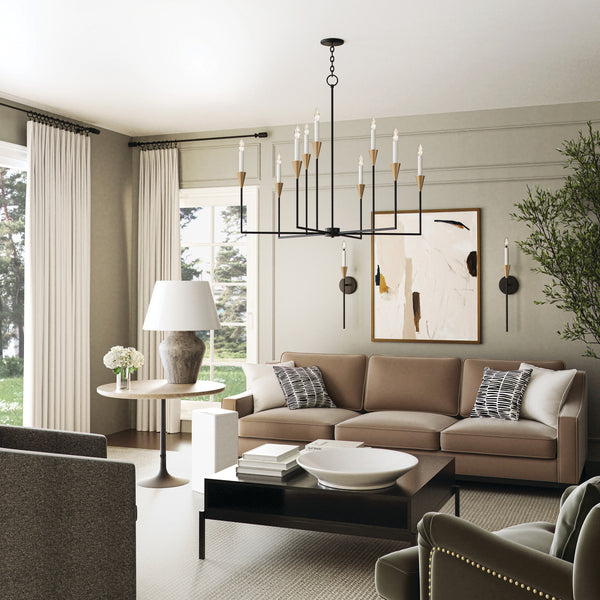 A mid-century modern style candle chandelier showcased as a statement piece in a modern living room setting.