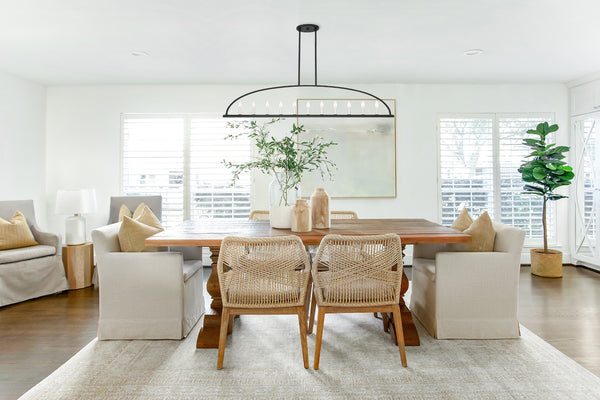 Transitional Style Linear Chandelier showcased in Natural & Organic Style Dining Room.