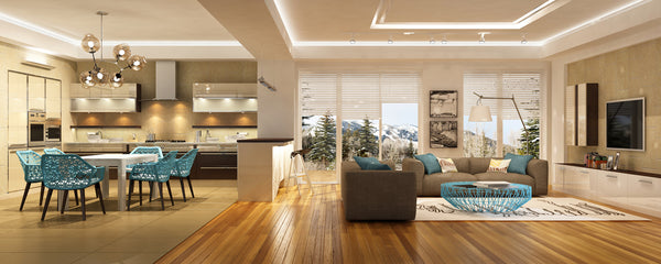 Example of Lighting Design flowing through two living spaces.