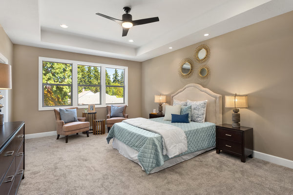 Bedroom Lighting showcasing a ceiling fan with lights and bedside table lamps.