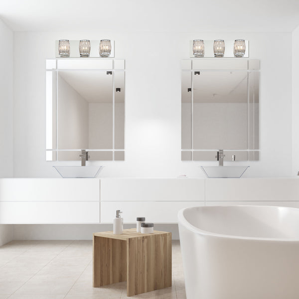 Dual vanity showcased 3-Light Vanity Lighting Fixtures in a sleek contemporary bathroom setting.