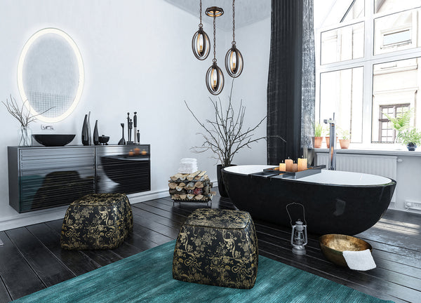 Industrial chic designed bathroom showcasing modern lighting.