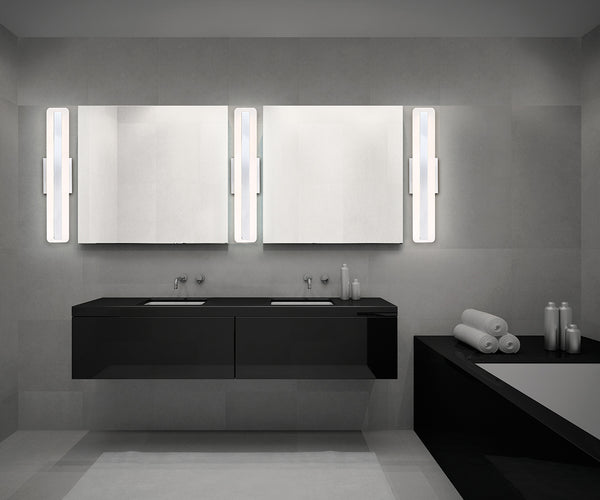 Dual vanity setup with 3 vertical Linear Bath Vanity Lights.