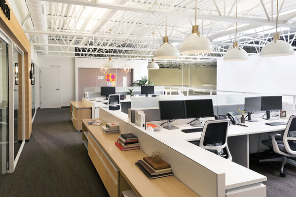 Designer Pendant Lights showcased above office cubicles.