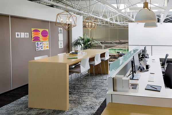 Designer Chandeliers and Pendant Lights showcased in a commercial office setting.