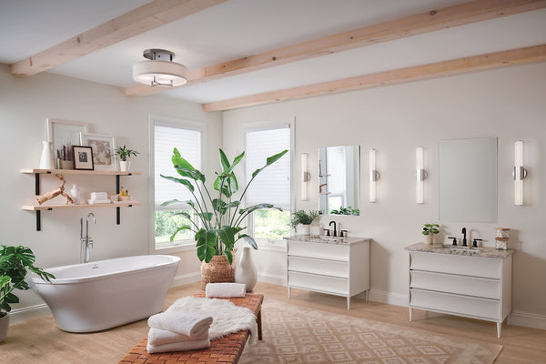 Semi-Flush mounted light showcased in a bathroom above a tub.