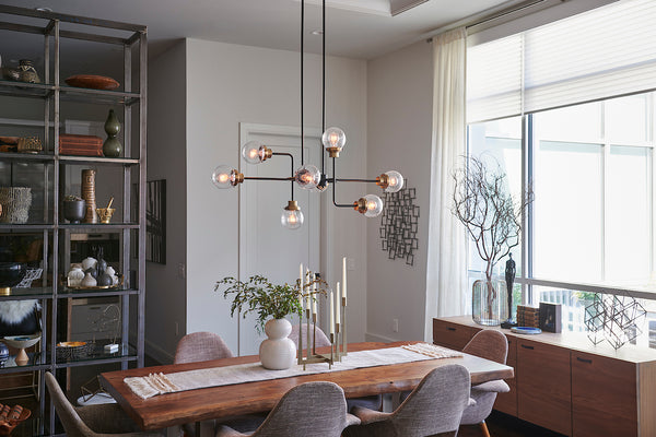 Mid-Century Modern Geometric Chandelier Above A Dining Table