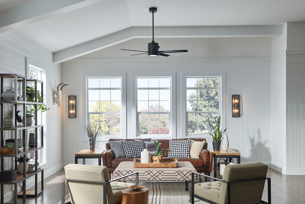 Hinkley Ceiling Fan and Wall Sconces showcased in a Modern Farmhouse Style Living Room