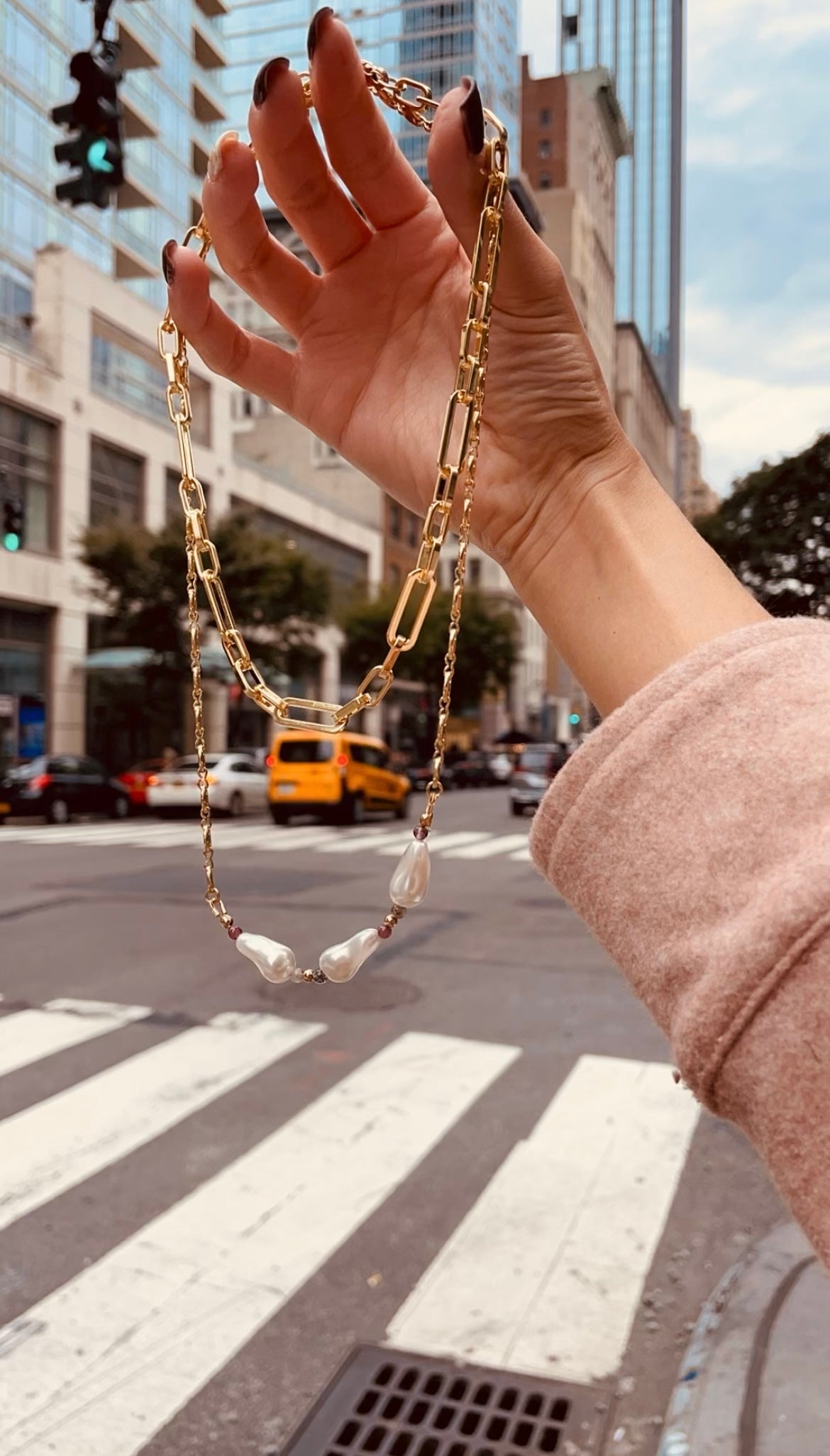 gold-filled paperclip chain necklace and pearls to shop online