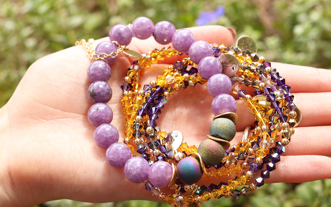 purple lepidolite gemstone bracelet with tassel chain