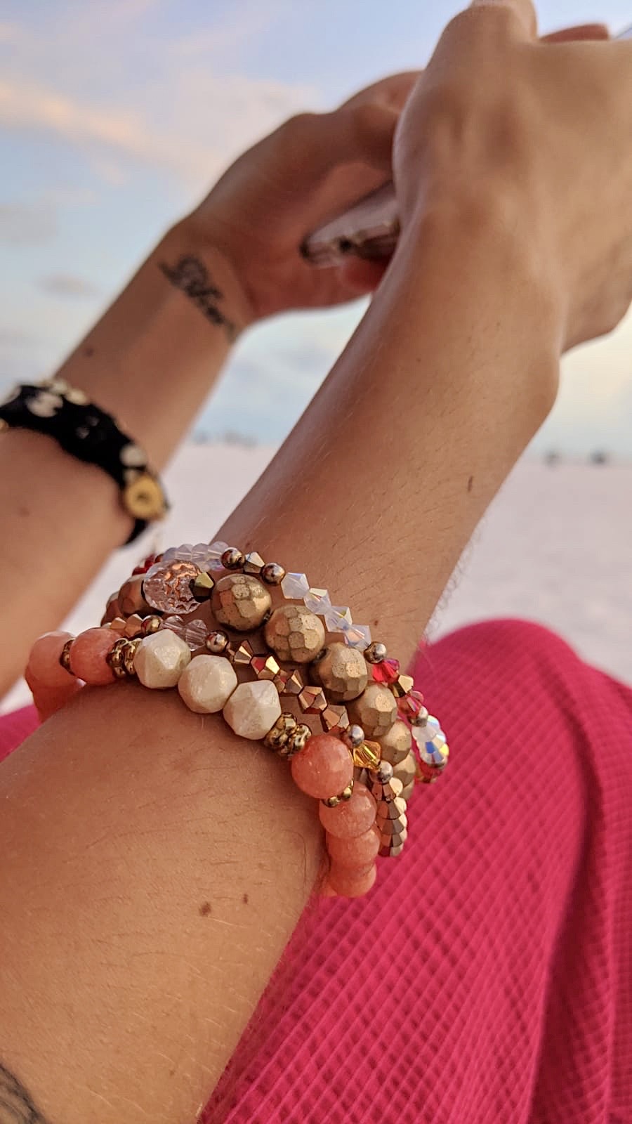 summer bracelet stacks with gemstones