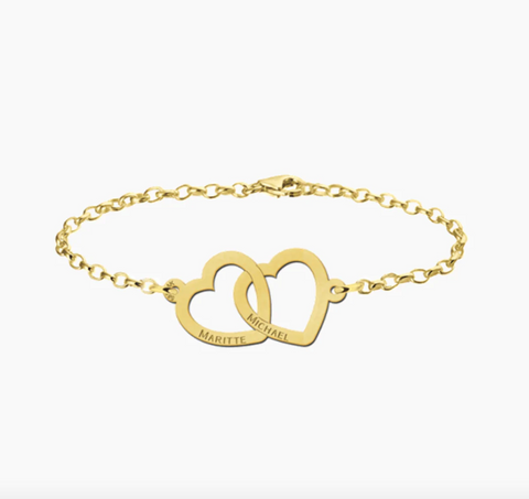 Bracelet Deux Coeurs Vides Or Jaune 14k et Argent