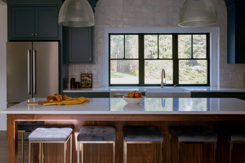 conversational kitchen island walnut slate blue shiloh cabinetry