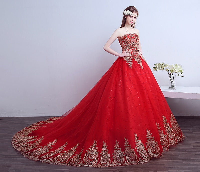 Free Shipping 2018 New Ball Gown Lace Tulle Red Wedding Dress