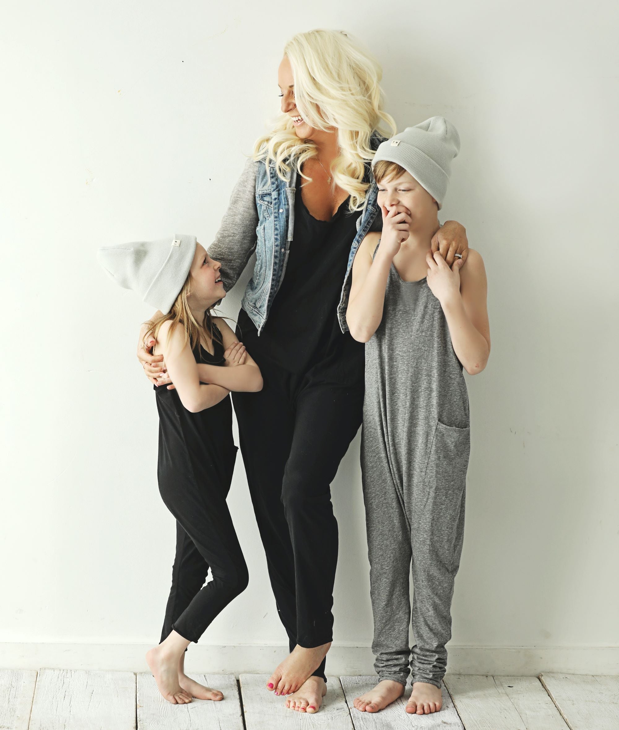 mother and kids wearing matching romper jumpsuit cotton