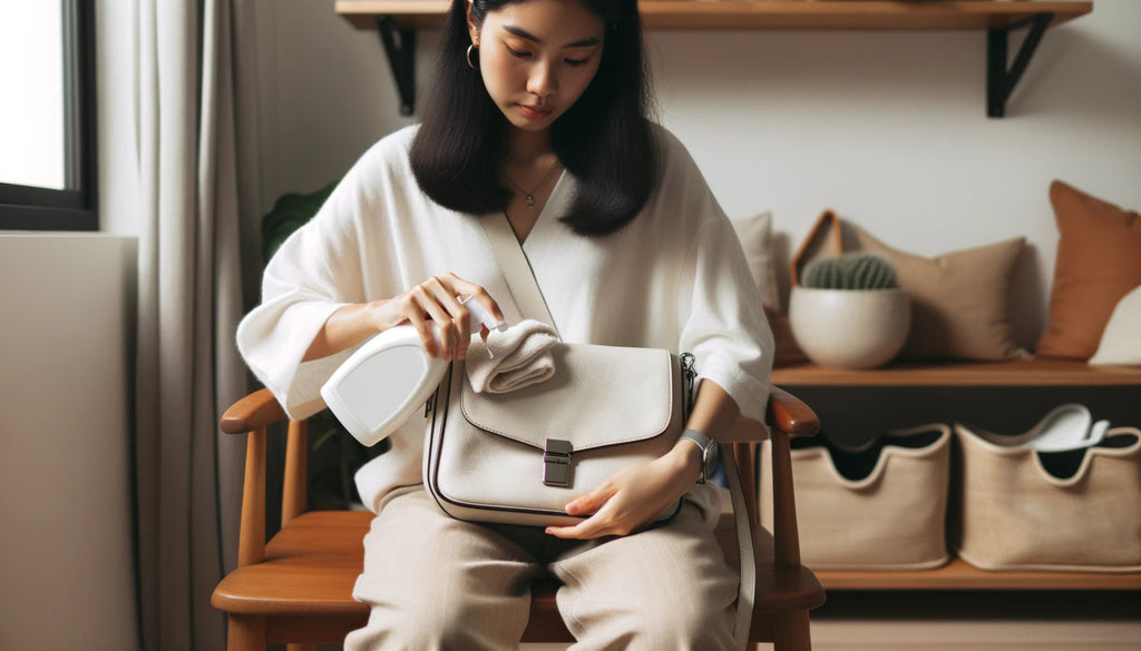 Asian woman sitting on a wooden chair attentively cleaning a white leather shoulder bag on her lap