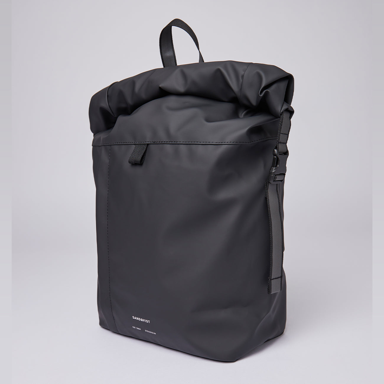 Black small waterproof roll top daypack with roll top opening and secured straps