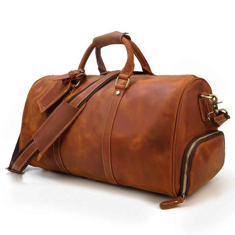 khaki Brown Leather Duffle Bag