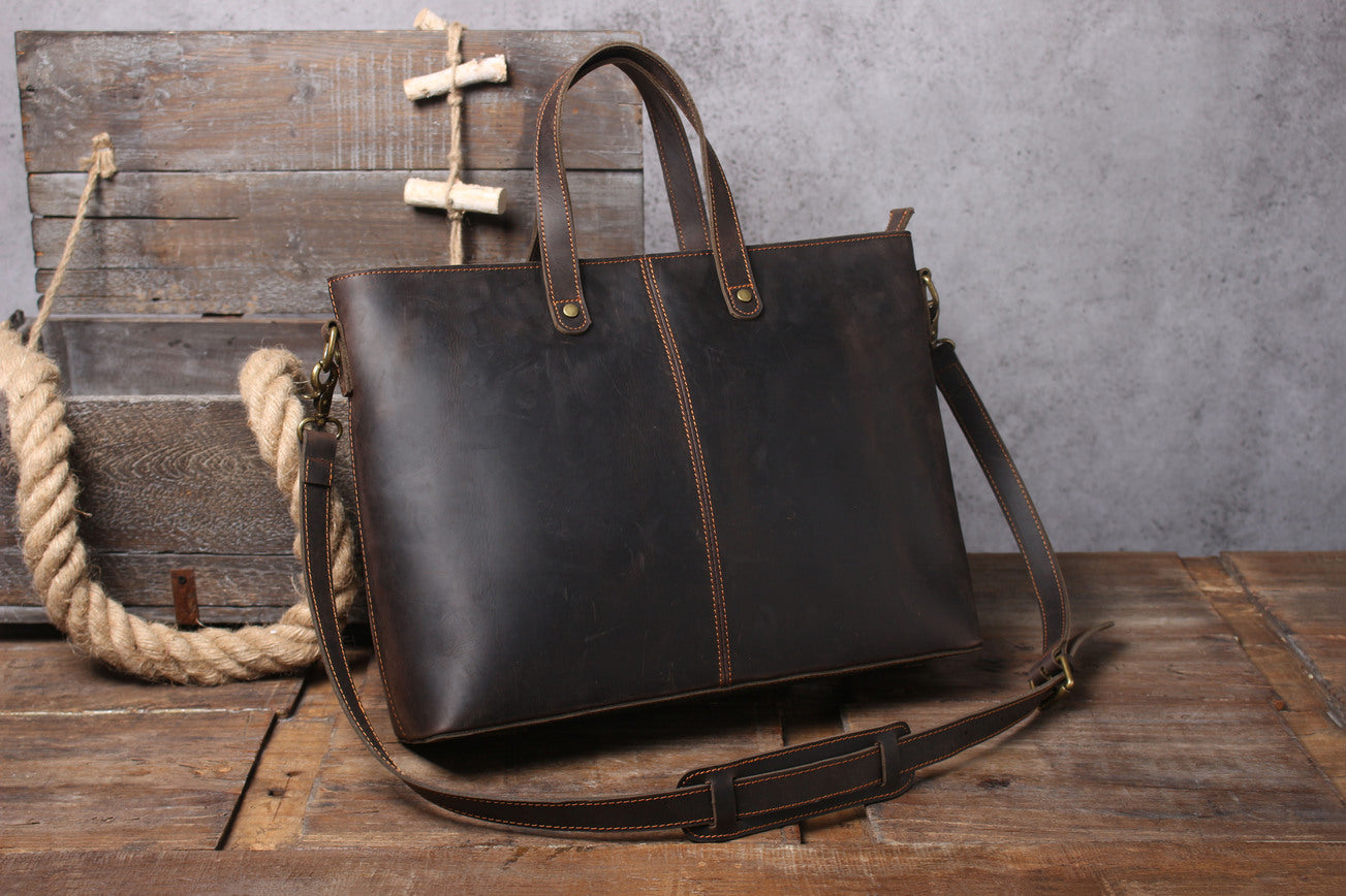 vintage coffee Leather Tote Bag