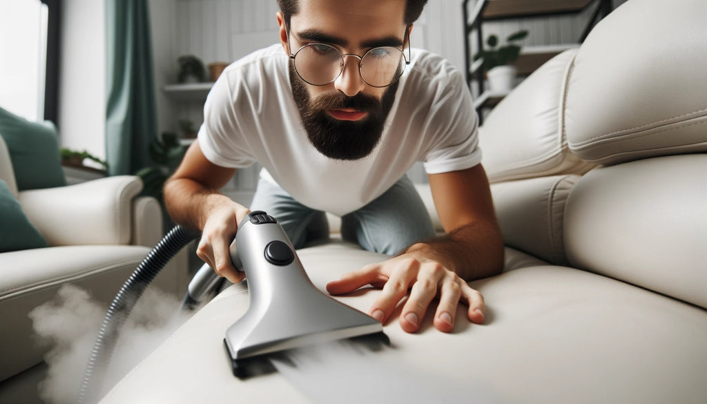 Caucasian man with a beard wearing glasses carefully steam cleaning a white leather sofa in his apartment