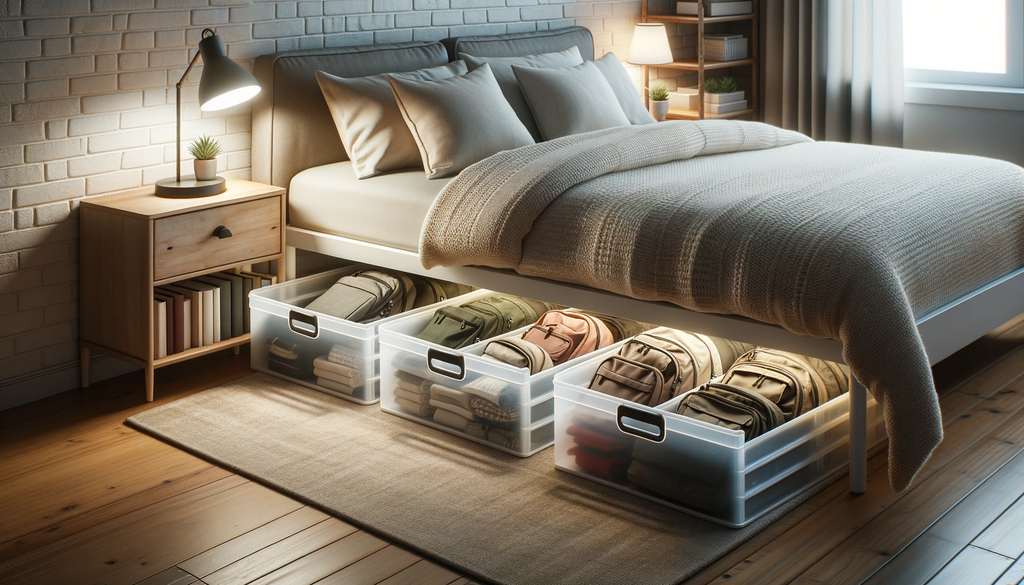 Landscape photo of a cozy bedroom highlighting under-bed storage. See-through storage bins and rolling drawers under a bed, filled with backpacks. A s.jpg
