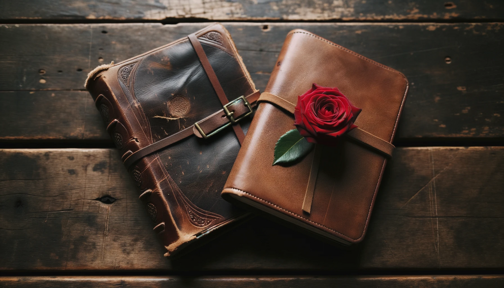 two leather bound journals resting on a vintage wooden table