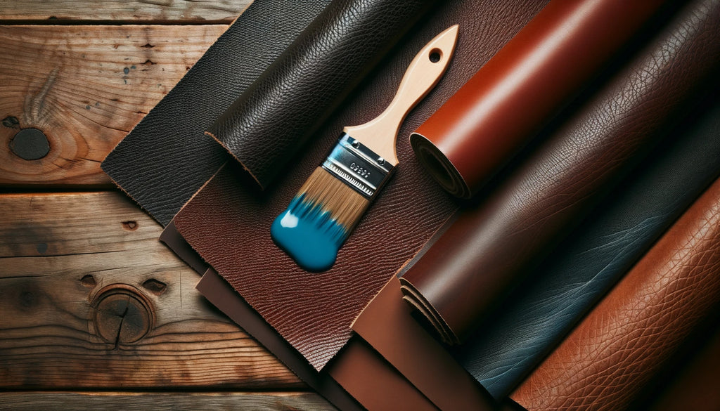 Full Grain and Top Grain leather samples lying side by side on a wooden table