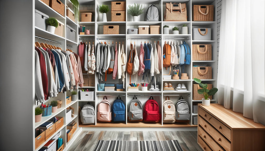 Landscape photo of a beautifully organized closet, showcasing backpacks neatly arranged on shelves, hanging from hooks, and stored in compartments
