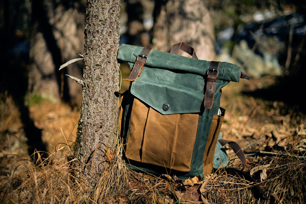 green and khaki work rolltop laptop backpack bag