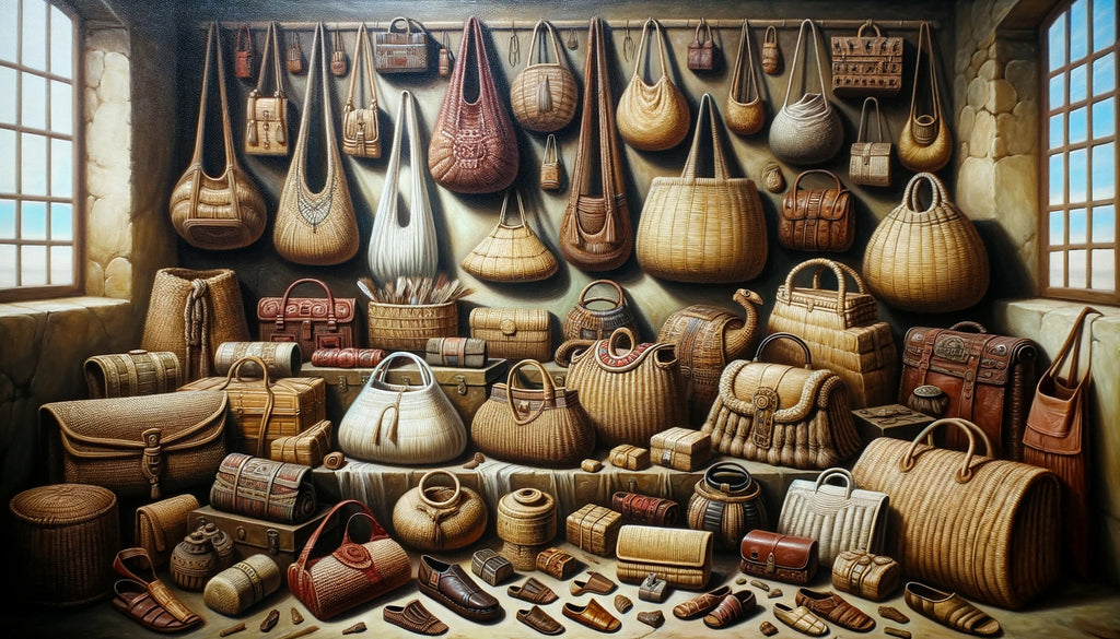 Peinture à l'huile montrant une collection de sacs de diverses civilisations anciennes allant des sacs en roseau tissé, bourses en cuir aux sacs en peau d'animal