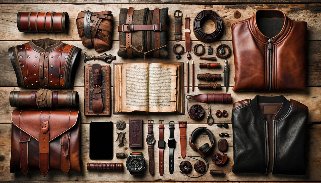 two leather bound journals resting on a vintage wooden table